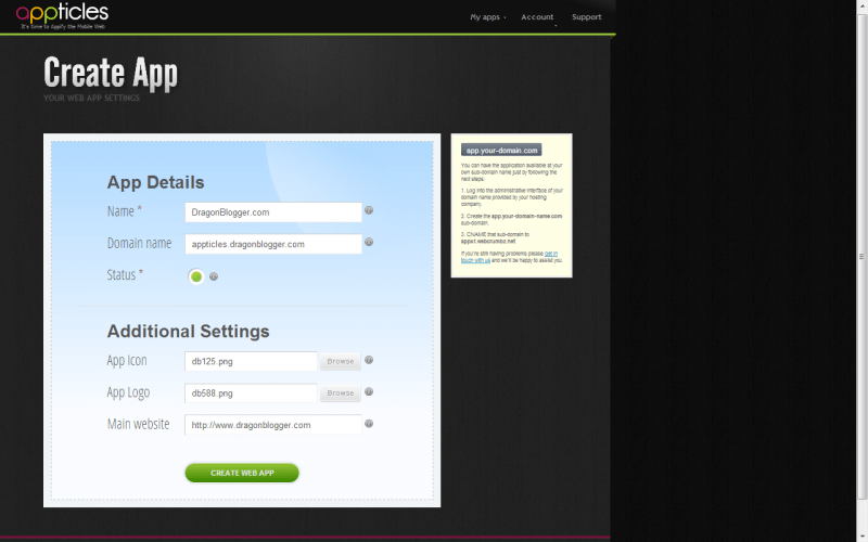 Appticles Create New App