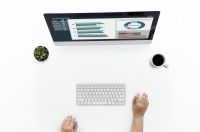 aerial business coffee cup computer data desk desktop flatlay hands houseplant information keyboard mouse office pc people person plan plant screen showing startup swot using view white table work working workplace workspace product multimedia brand font